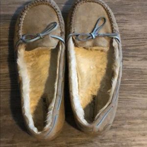 Moccasins with blue ribbon